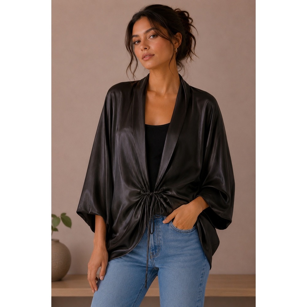KM Collections by Milla Bell Black Satin Kimono Wrap Top Drawstring Waist M